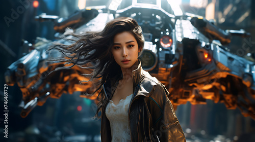 Beautiful Asian woman with model looks, flying on futuristic transport in a cyberpunk city.