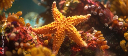 A detailed view of a starfish as it rests on the substrate of an aquarium. The starfishs body structure, texture, and coloration are clearly visible in the image.