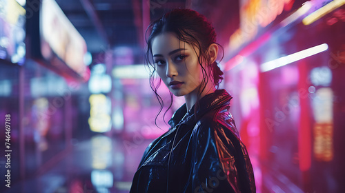 Beautiful Asian woman with model looks, filming a video on a cyberpunk street with futuristic displays. © Dennis