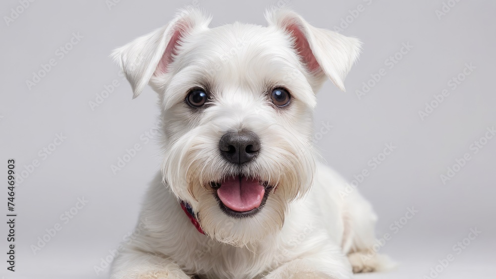 Portrait of White miniature schnauzer dog on grey background