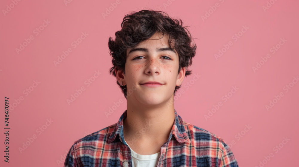 A confident young person with curly hair stands against a pink background, wearing a plaid shirt over a white t-shirt and looking directly at the camera with a gentle smile. A confident young person with curly hair stands against a pink background, wearing a plaid shirt over a white t-shirt and looking directly at the camera with a gentle smile.