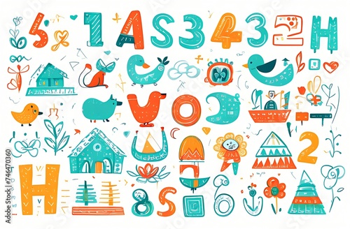 Learn counting concepts in cartoon style. All numbers and funny cartoon animals, objects, for notebooks, for children's development, in vector.