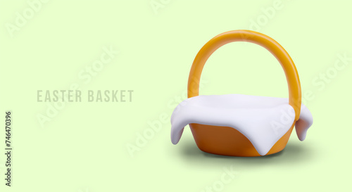 Realistic Easter basket covered with white napkin. Vector holiday mockup