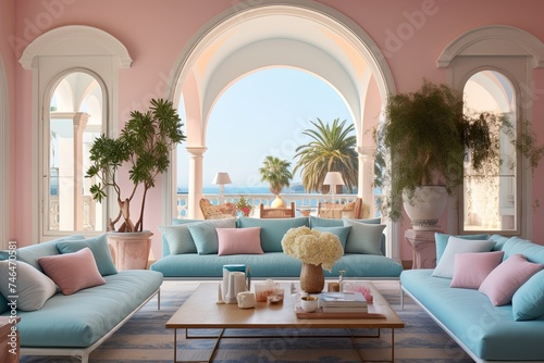 Pastel Blue Mediterranean Villa: Bright Living Room Oasis