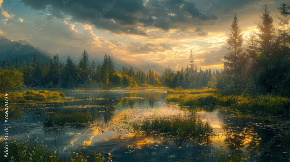A serene landscape depicts a forested wetland with the sun setting behind mountains, casting a warm glow over the water and trees.