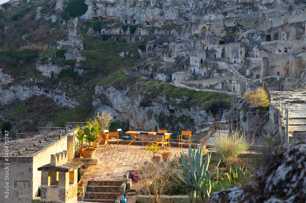 Obraz premium a cozy terrace in Matera sassi, Italy