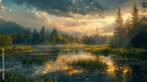 A serene landscape depicts a forested wetland with the sun setting behind mountains, casting a warm glow over the water and trees. photo