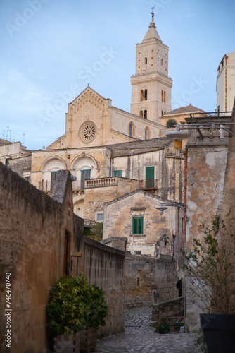catheral of Maria Santissima della Bruna e Sant'Eustachio with narrow alley in Matera, Italy