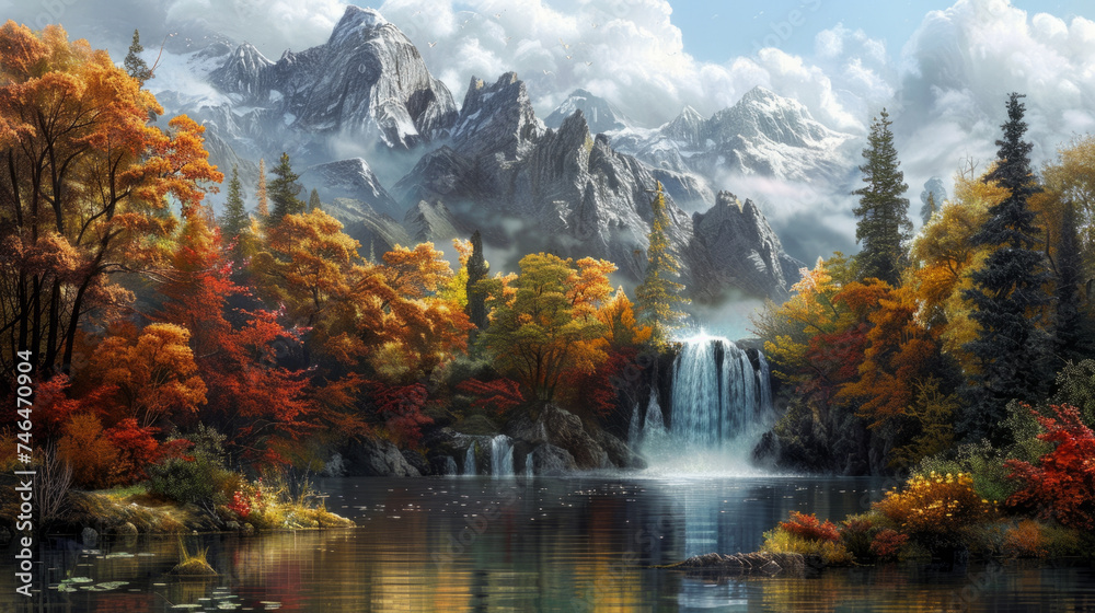 A scenic landscape featuring a majestic waterfall cascading into a serene lake, surrounded by vibrant autumnal trees and foliage against a backdrop