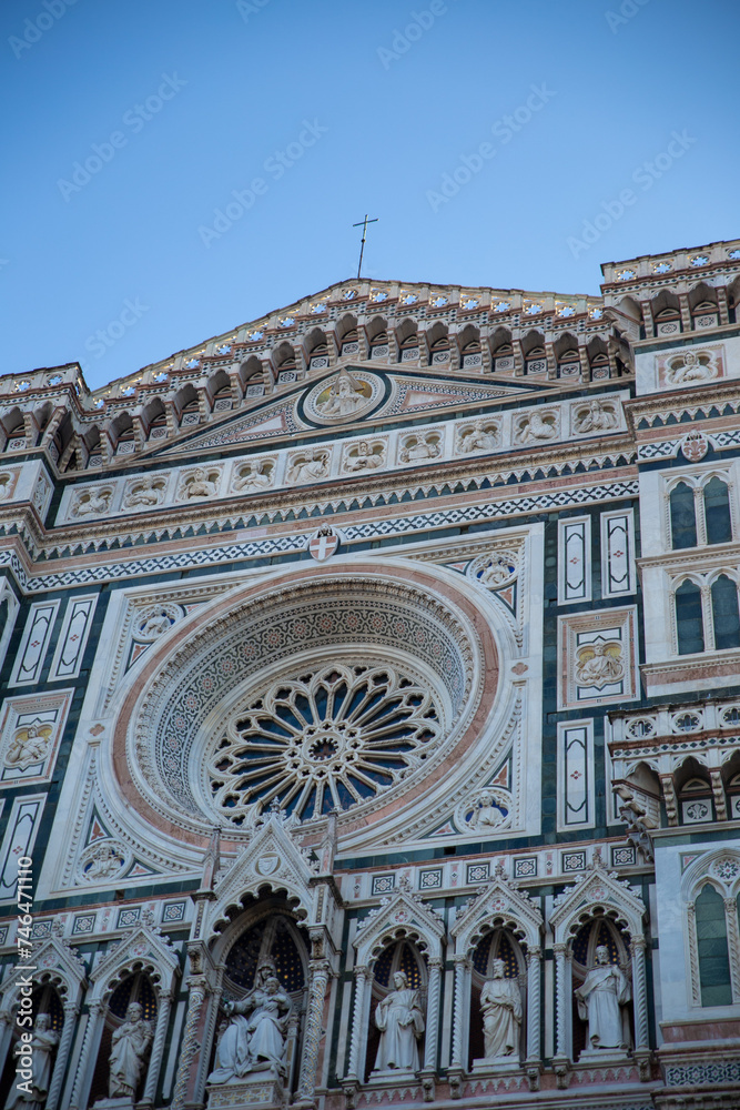 look up of the Cathedral of Santa Maria del Fiore with blue sky, Florence, Italy