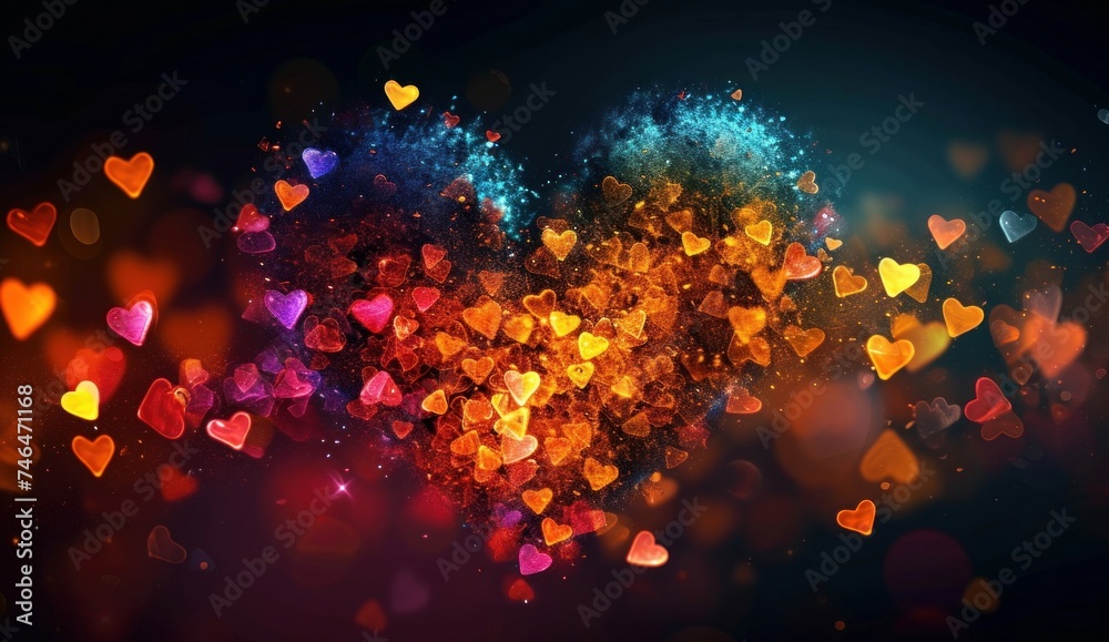 Big heart shape on a black background, valentine's day, heart particle, blurry bokeh, multicolor rainbow hearts, love, romantic, hearts, haze, lights, Generative AI