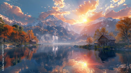 A serene landscape featuring a mountainous backdrop with a glowing sunset.