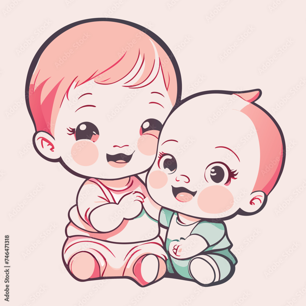 baby playing with sibling illustration, sticker, clean white background, t-shirt design, graffiti, vibrant, vector illustration kawaii