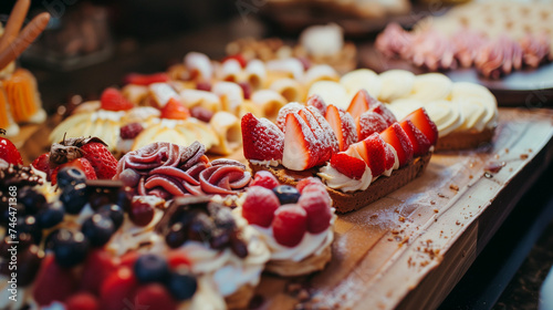 dessert pastries and berries charcuterie platter on wooden board