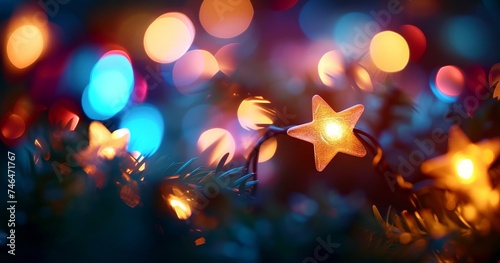Star shaped bokeh, blurred lights, christmas decoration, multicolor blurry shapes, rainbow stars, christmas light, garland, depth of field, haze, blurry, Generative AI
