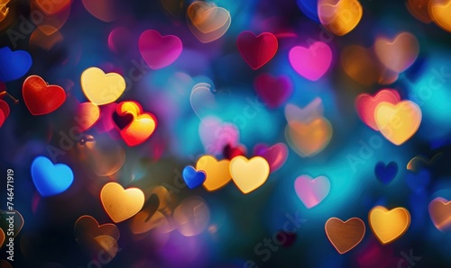 heart shaped bokeh, blurry heart background, romantic, valentine's day, depth of field, heart shaped multicolored lights, haze, rainbow, blurred, Generative AI