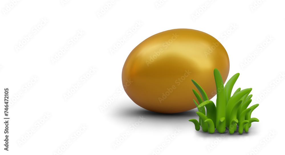 Egg hunting concept. Golden egg near green grass. Festive Easter composition Egg hunting concept. Golden egg near green grass. Festive Easter composition