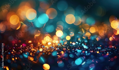 Blurry confetti, water bubbles, bokeh lights, multicolored blurry light, depth of field, abstract background, multicolor, rainbow, haze, city lights, Generative AI