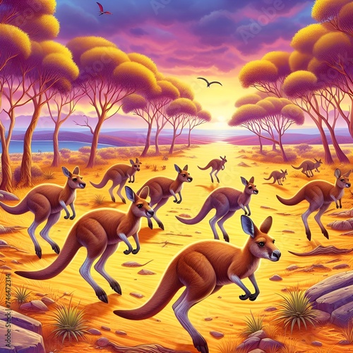 a scene of a group of kangaroos hopping across the Australian outback.