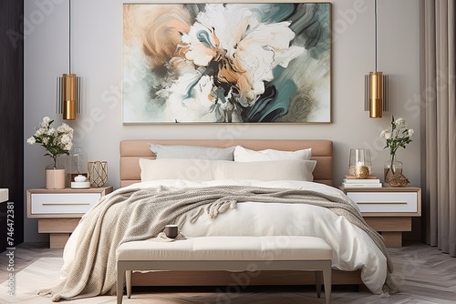 Design Dance: Modern Eclectic Mix Bedroom Ideas with Art Poster & Cushioned Headboard