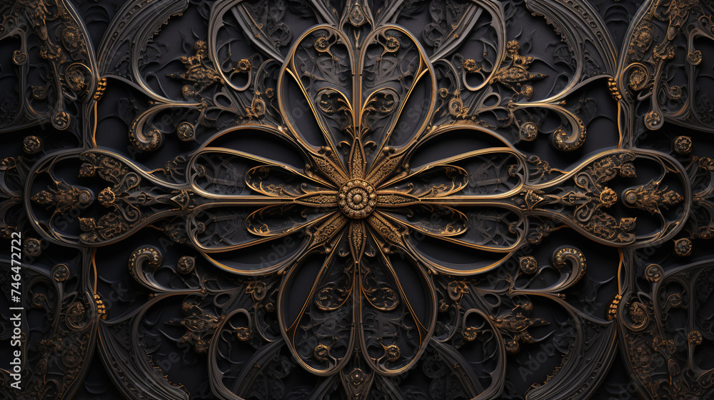 Intricate Black Floral Carving or embroidery on Dark Background