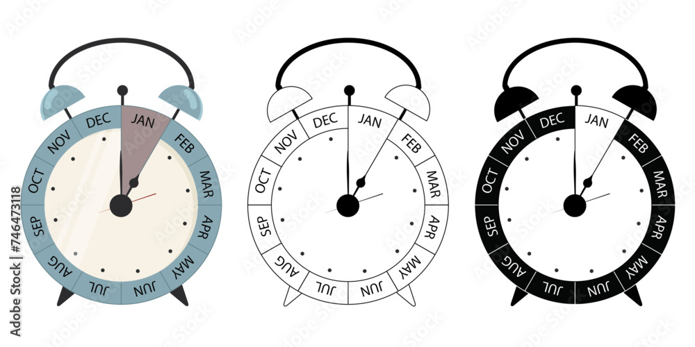 Set of 12-month alarm clocks with hands pointing to January January. January meeting. January appointment. isolated on white background. Outlines. pictogram. Time management concept - stock vector Set of 12-month alarm clocks with hands pointing to January January. January meeting. January appointment. isolated on white background. Outlines. pictogram. Time management concept - stock vector