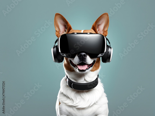 3D Dog explores virtual reality. Witness the fusion of technology and gaming in this captivating illustration suitable for banners © Jati