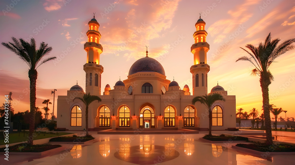 Sunset or Sunrise over a Luxurious Islamic Mosque