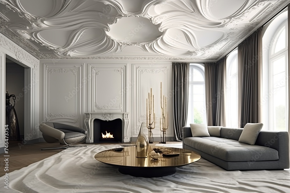 Chic Curtain Drapery and Minimalist Art in Modern Houses with Ornate Ceilings Chic Curtain Drapery and Minimalist Art in Modern Houses with Ornate Ceilings