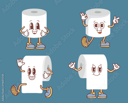 A set of toilet paper rolls in different positions. Illustration of a brown turd. Toilet and bathroom element. Hygiene and sanitation. Cartoon flat illustration