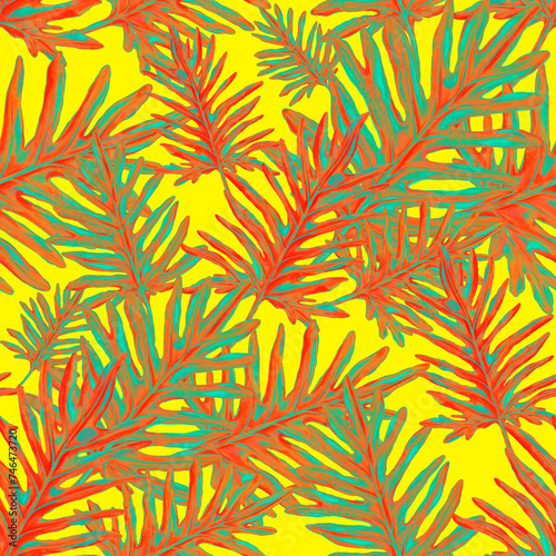 Watercolor seamless pattern with tropical leaves. Beautiful allover print with hand drawn exotic plants. Swimwear botanical design. 