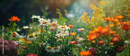 A grouping of vibrant flowers contrast against the lush green grass in a small garden. The delicate petals stand out against the blades of grass  creating a colorful and natural display in the outdoor