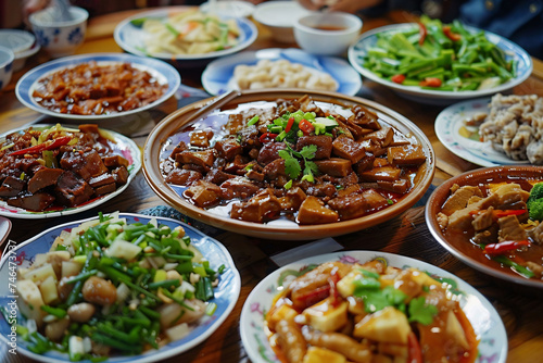 A Feast of Chinese Cuisine: Diverse and Flavorful Dishes on a Family Table © Jyukaruu's Studio