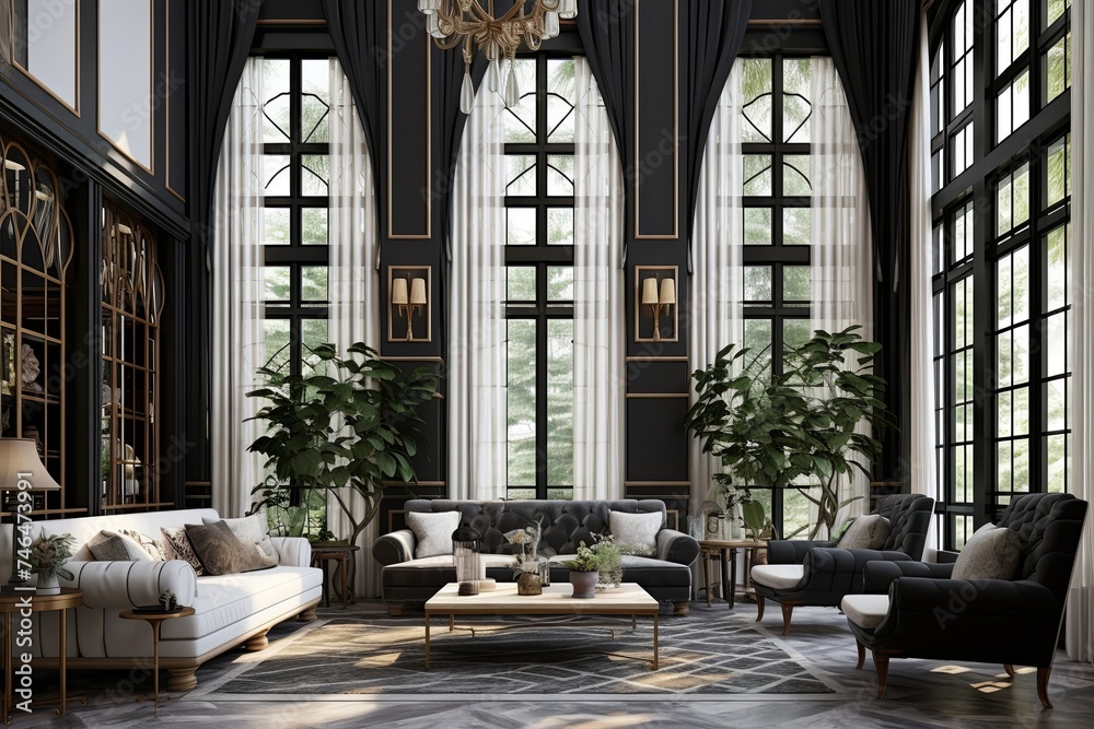 Neo-Victorian Living Room in Modern Villas: Elegant Curtain Designs & Grid Patterns
