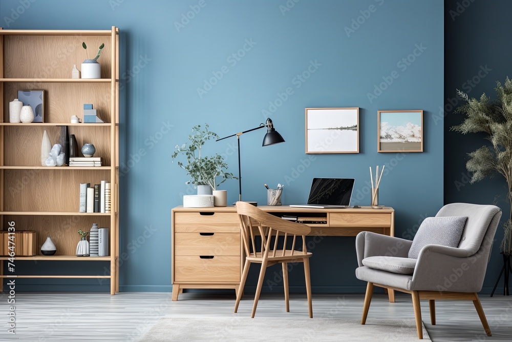 Fototapeta premium Muted Blue Walls and Light Wooden Furniture: Scandinavian-Inspired Study Designs