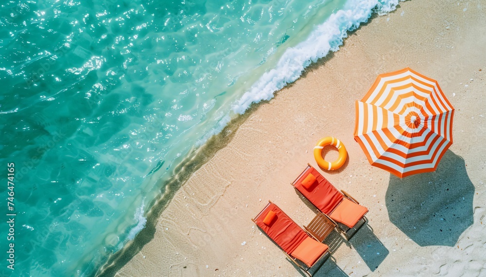 Top view of beach chairs and umbrella for summer vacation concept. Relaxing beach scene. Top view of beach chairs and umbrella for summer vacation concept. Relaxing beach scene.