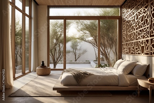Organic Minimalist Bedroom in Modern Villas: Grid Windows and Organic Patterned Textiles
