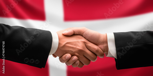 Businessman, diplomat in suits clasp hands for handshake over Denmark flag, agree on united success in trade, diplomacy, cooperation, negotiation, support, teamwork in commerce, gesture of greeting