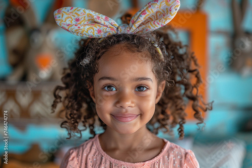 Criança com tiara de orelha de coelho. (ID: 746474774)