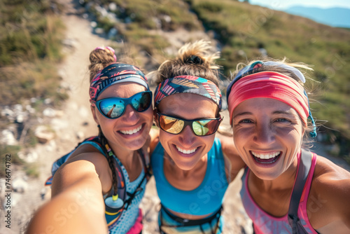 Photo of three happy girls taking selfie while running