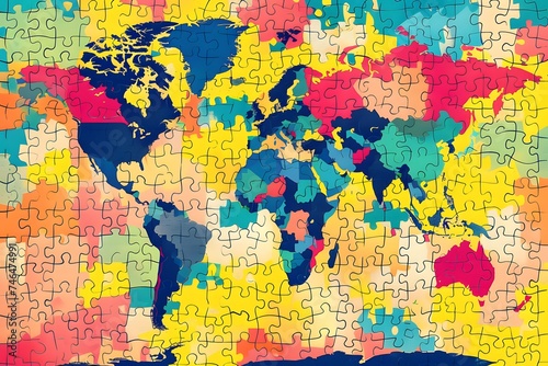 World Autism Awareness Day,banner,world map consisting of colorful puzzles,place for text,concepts of inclusivity, diversity, awareness and help, mental illness and brain diseases