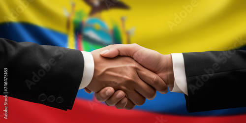 Businessman, diplomat in suits clasp hands for handshake over Ecuador flag, agree on united success in trade, diplomacy, cooperation, negotiation, support, teamwork in commerce, gesture of greeting