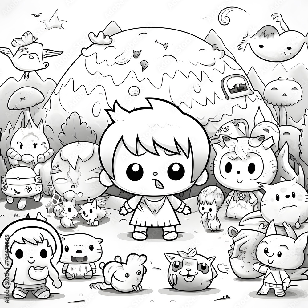 Fototapeta premium Pictures of monsters and adventure kids for coloring books. Vector illustration