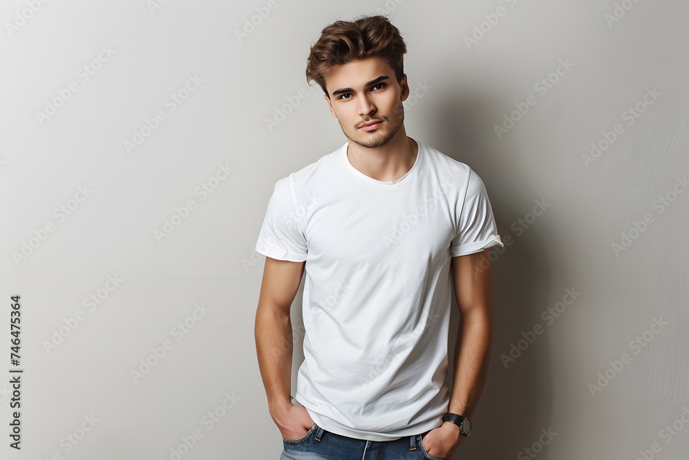 Young handsome man model in white t-shirt posing on light grey background Young handsome man model in white t-shirt posing on light grey background
