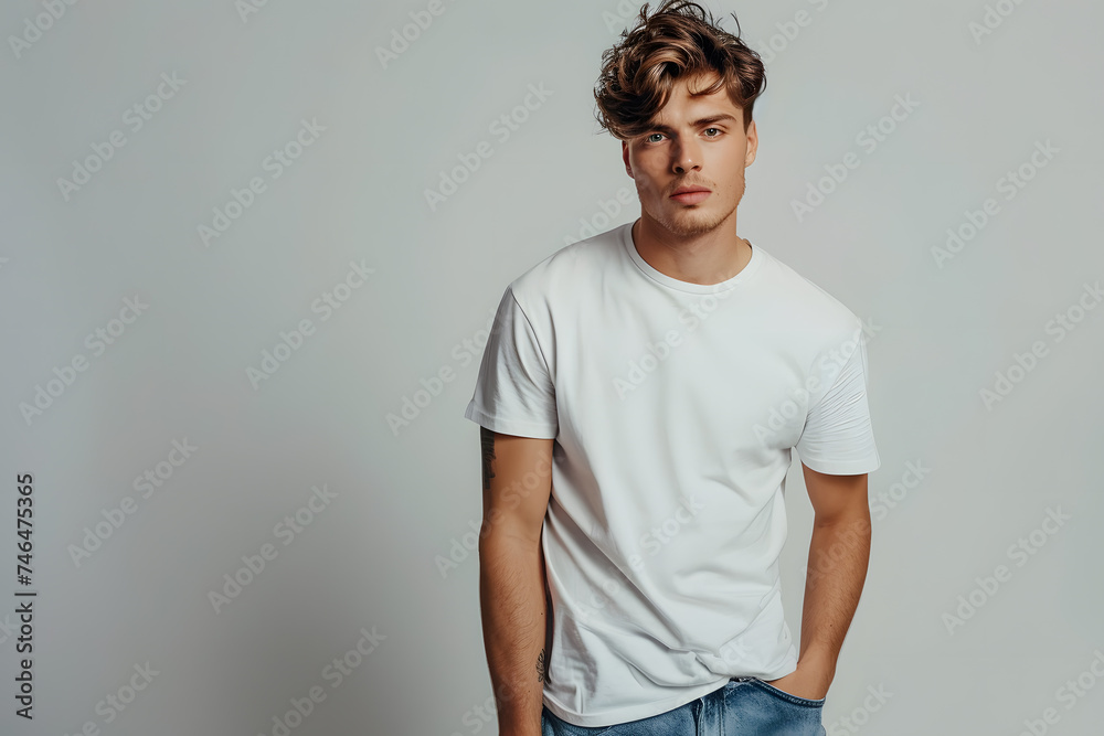 Young handsome man model in white t-shirt posing on light grey background Young handsome man model in white t-shirt posing on light grey background