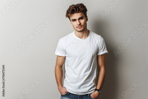 Young handsome man model in white t-shirt posing on light grey background © Oksana