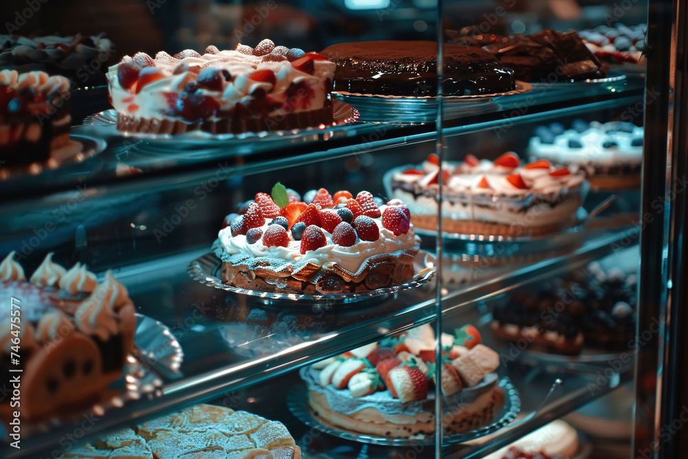 Glass Front Pastry Display Featuring Gourmet Tarts and Cakes