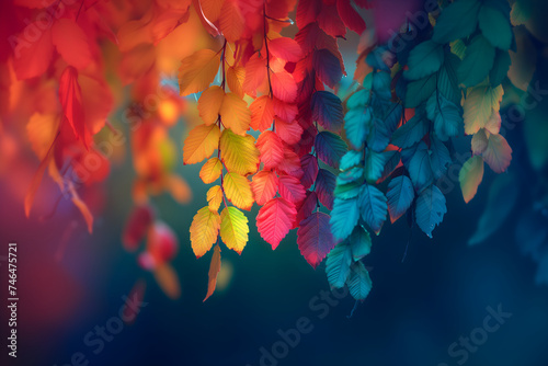 Banner with brightly colored leaves and branches on a blurred background. Concept design for wallpaper, background, and autumn cards with copyspace photo