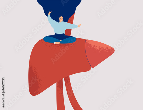 Woman has healthy liver. Happy slim girl sits on the big hepatic organ. Illness prevention and body care concept. Female with good Hormonal balance and detox system. Vector illustration