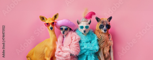 vibrant era of the 1960s with this image featuring animals as fashion models. bold colors and trends of the time, each animal exudes confidence and style as they strut down runway. Bright banner photo